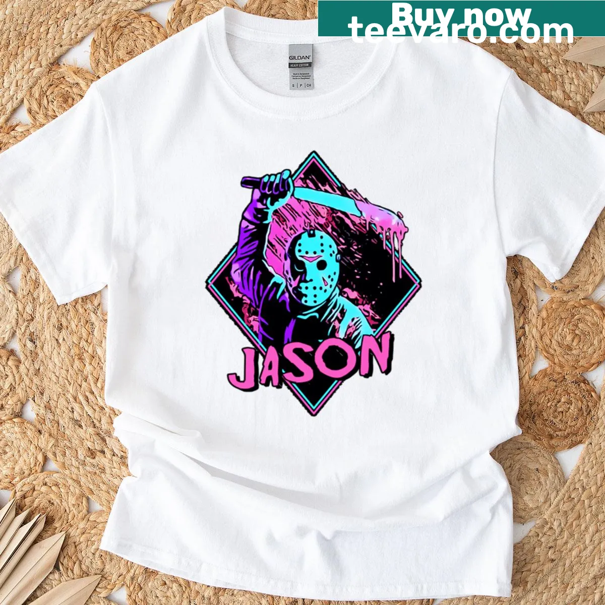 Retro neon slasher hockey mask graphic T-shirt — on a men's t-shirt