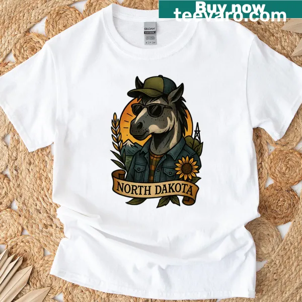 Vintage tattoo style horse design on North Dakota t-shirt
