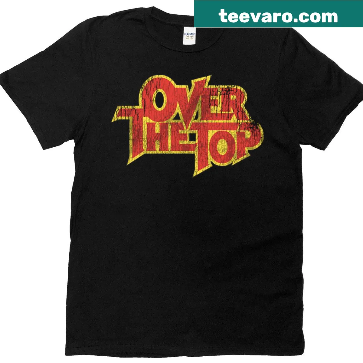 Retro-style t-shirt celebrating the movie 'Over The Top' with action themes. — on a men's t-shirt