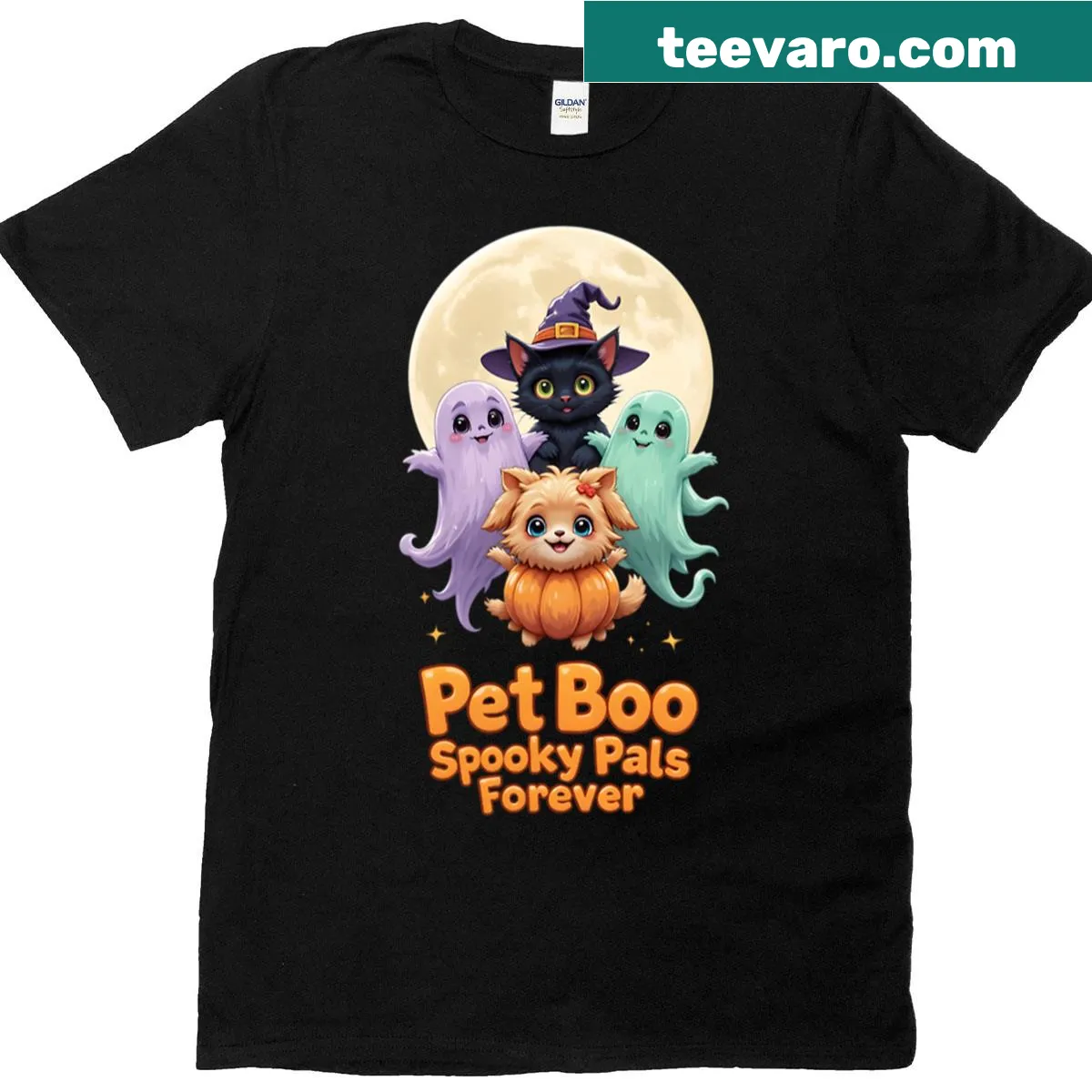 Cute ghost illustration with a cat and dog on a t-shirt — on a men's t-shirt