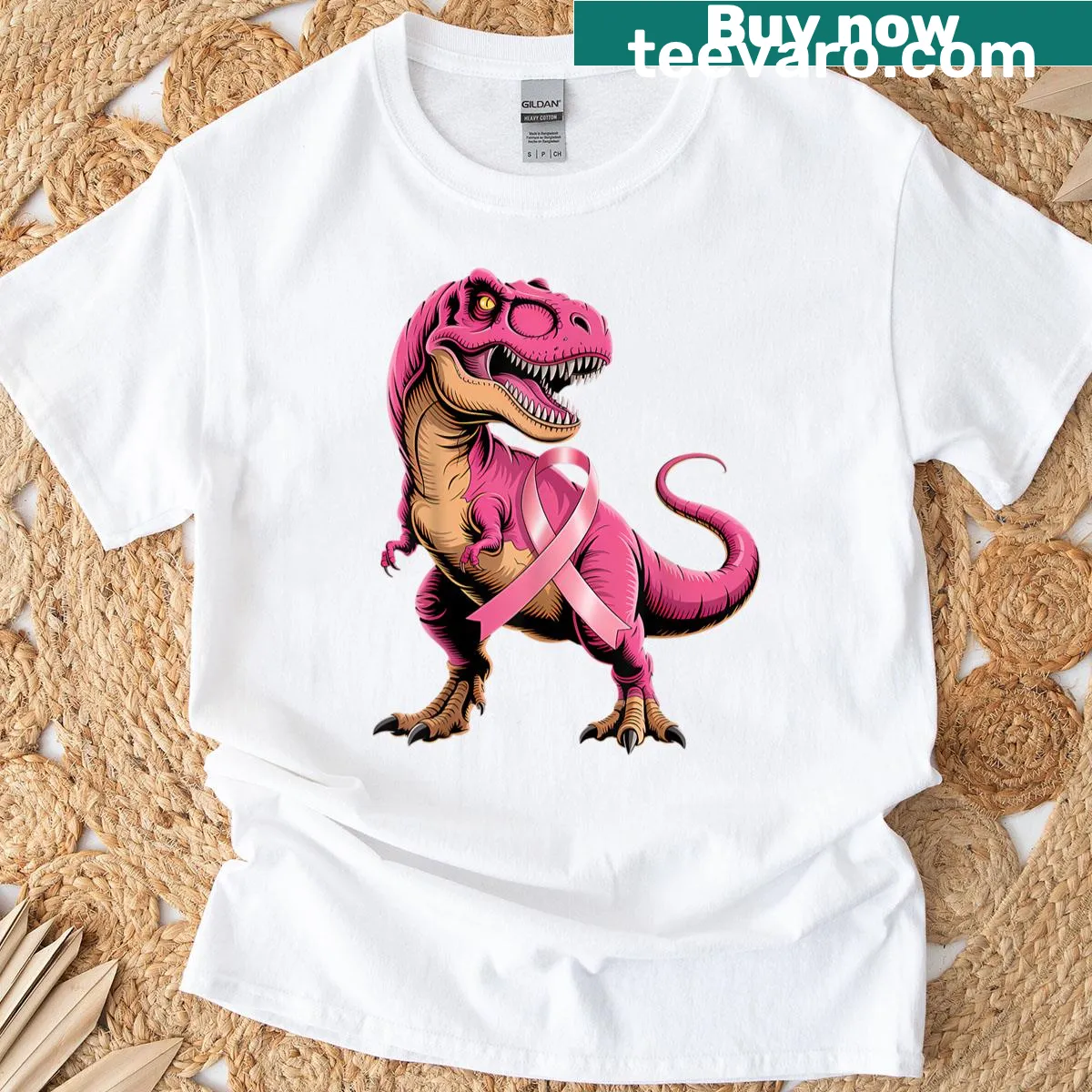 Cute T-rex with pink ribbon promoting breast cancer awareness on a kids t-shirt — on a men's t-shirt