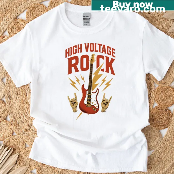 Graphic tee celebrating rock music with dynamic shapes and symbols