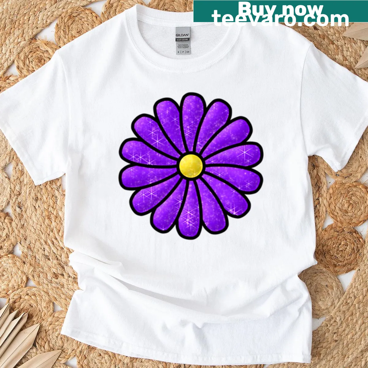 Whimsical floral graphic T-shirt with a glittery flower design — on a men's t-shirt