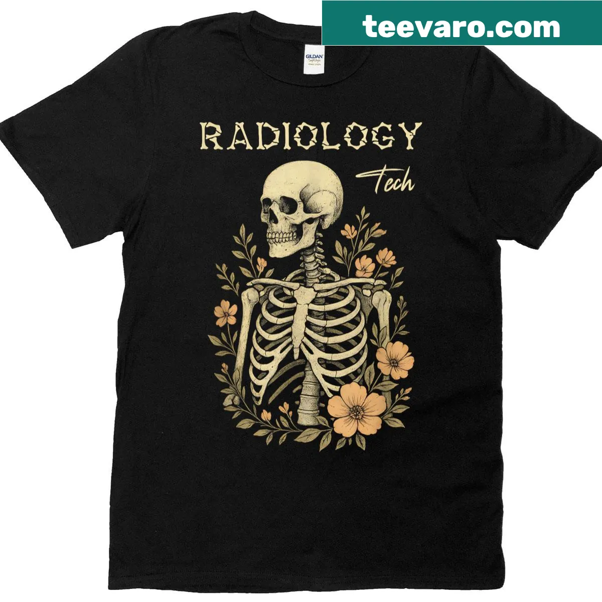Vintage skeleton design with floral ribcage for radiology techs — on a men's t-shirt