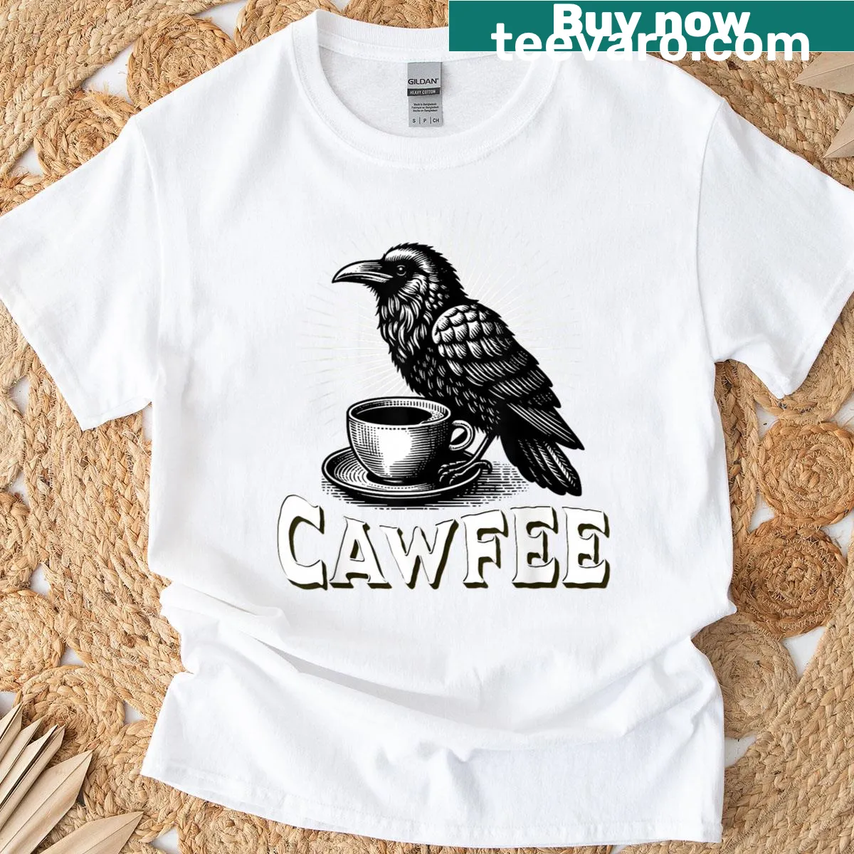 Vintage meme art t-shirt with a raven and coffee pun — on a men's t-shirt