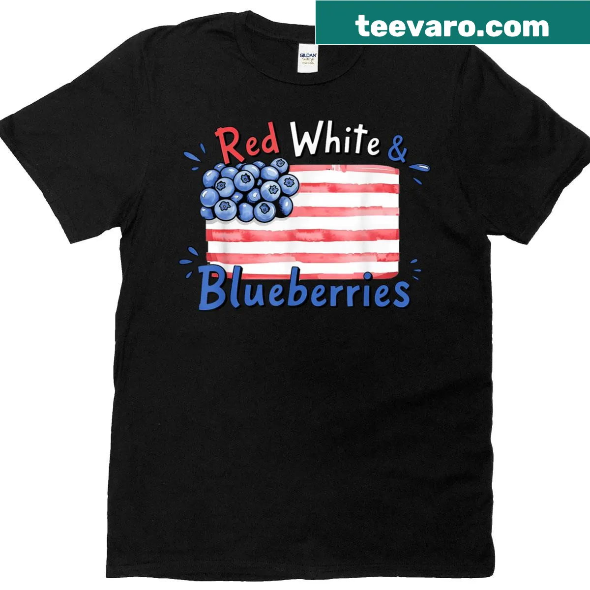 Playful patriotic t-shirt with flag bow and blueberries design — on a men's t-shirt