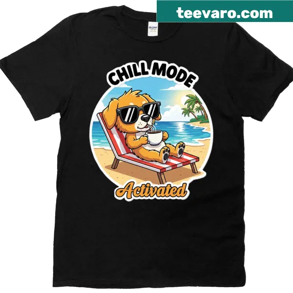 Beach vibe t-shirt featuring a playful dog enjoying the sun and surf