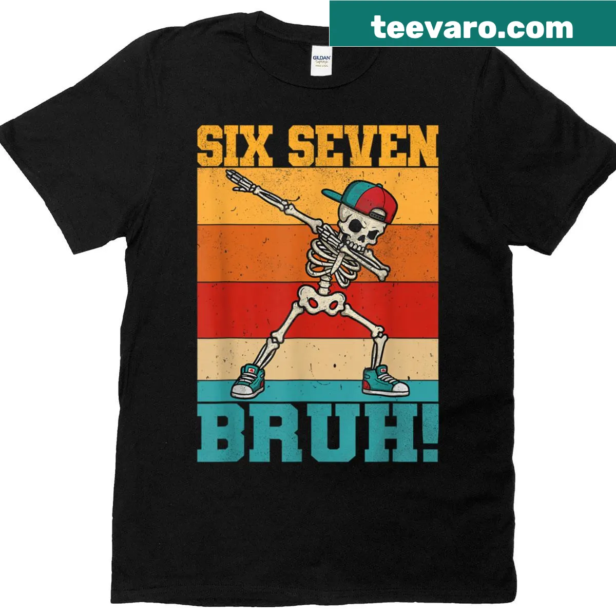 Retro dabbing skeleton t-shirt with meme text 'Bruh 67' for Halloween — on a men's t-shirt