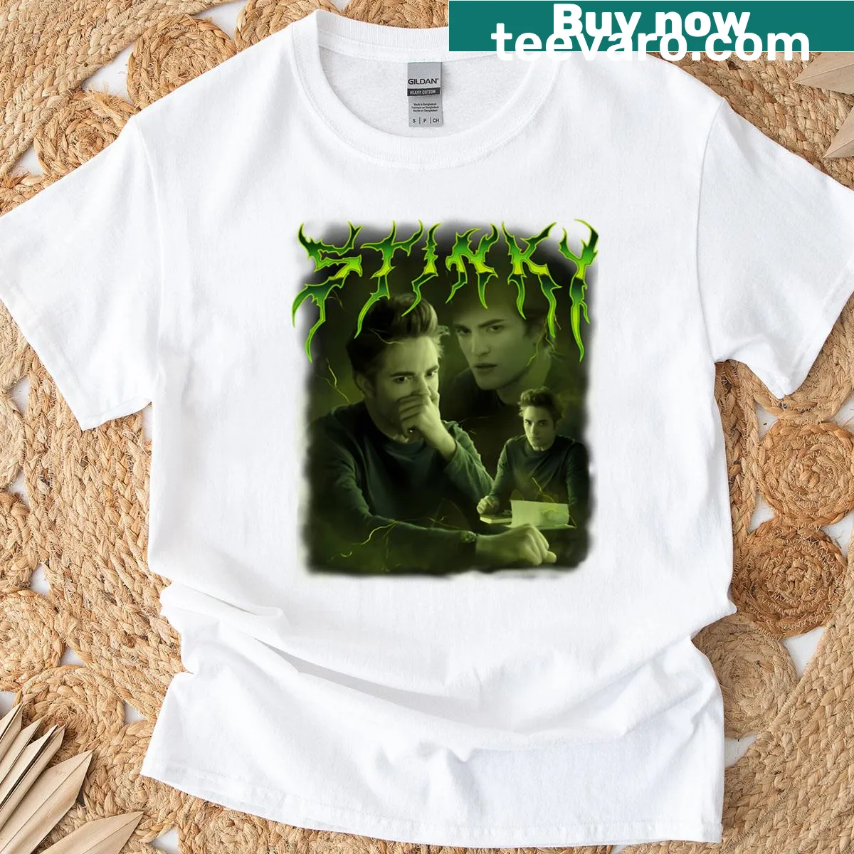 Vintage T-shirt featuring wolves and vampires in a romantic theme. — on a men's t-shirt