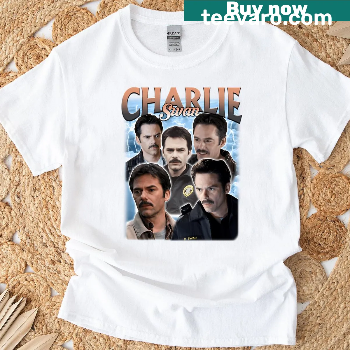 Vintage-style shirt featuring wolves and vampires in a romantic theme — on a men's t-shirt