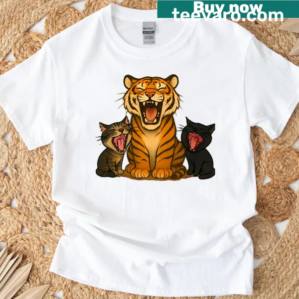 Cute T-shirt featuring a tiger with tabby and black cat illustrations