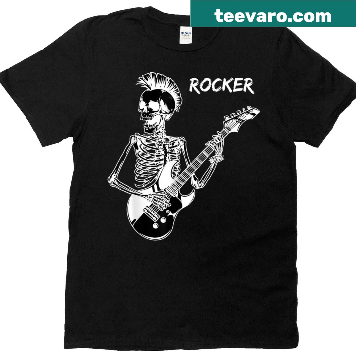Punk Rock skeleton with a guitar in Halloween-themed design — on a men's t-shirt