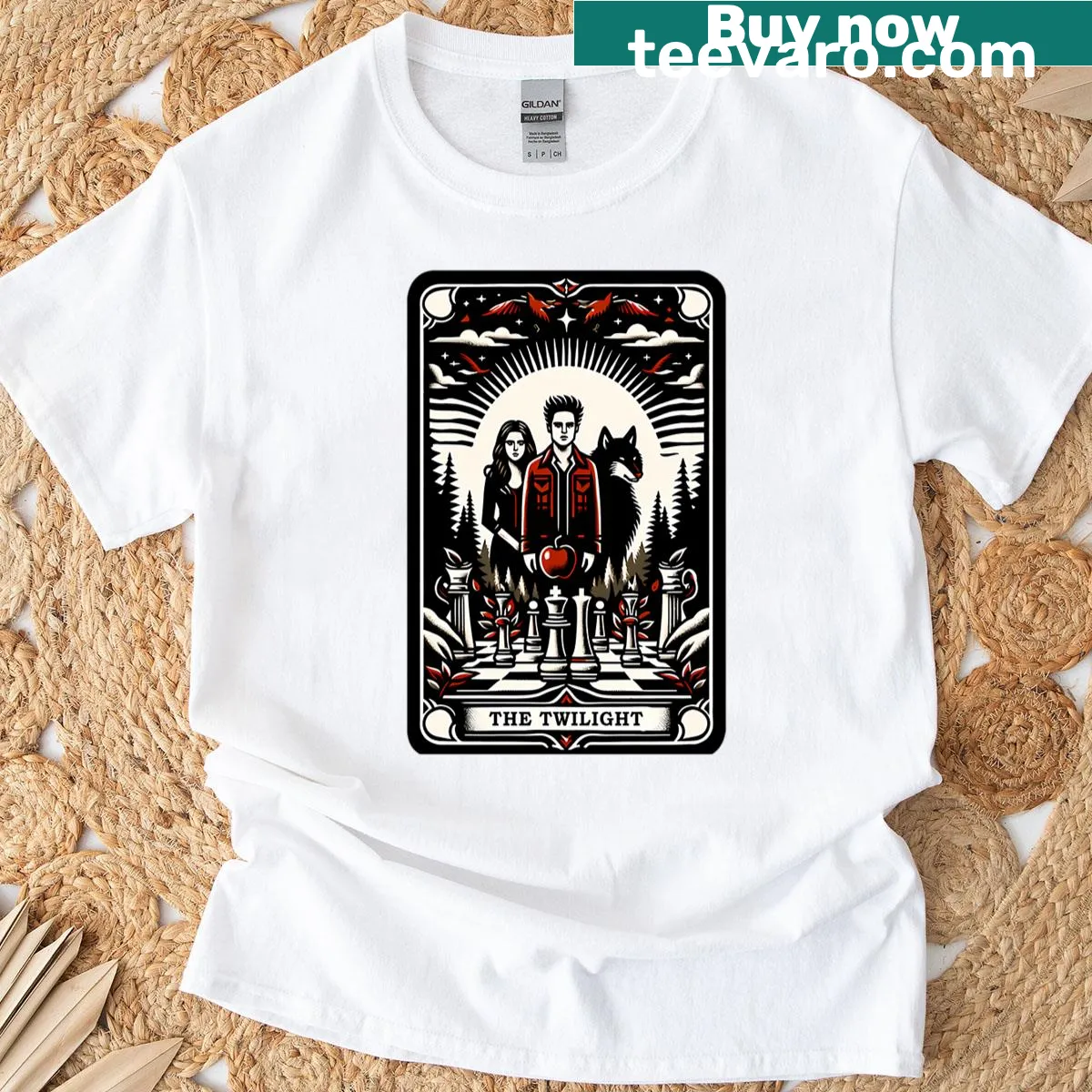 Vintage-style shirt featuring wolves and vampires in a romantic design — on a men's t-shirt