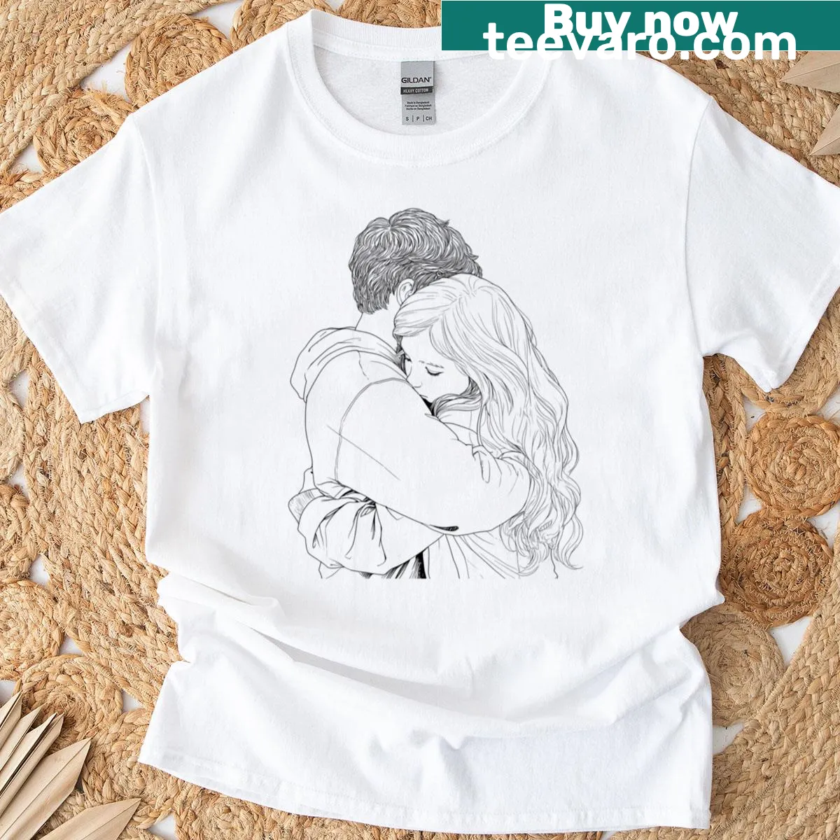 Minimalist line drawing of a couple hugging in love on a T-shirt. — on a men's t-shirt