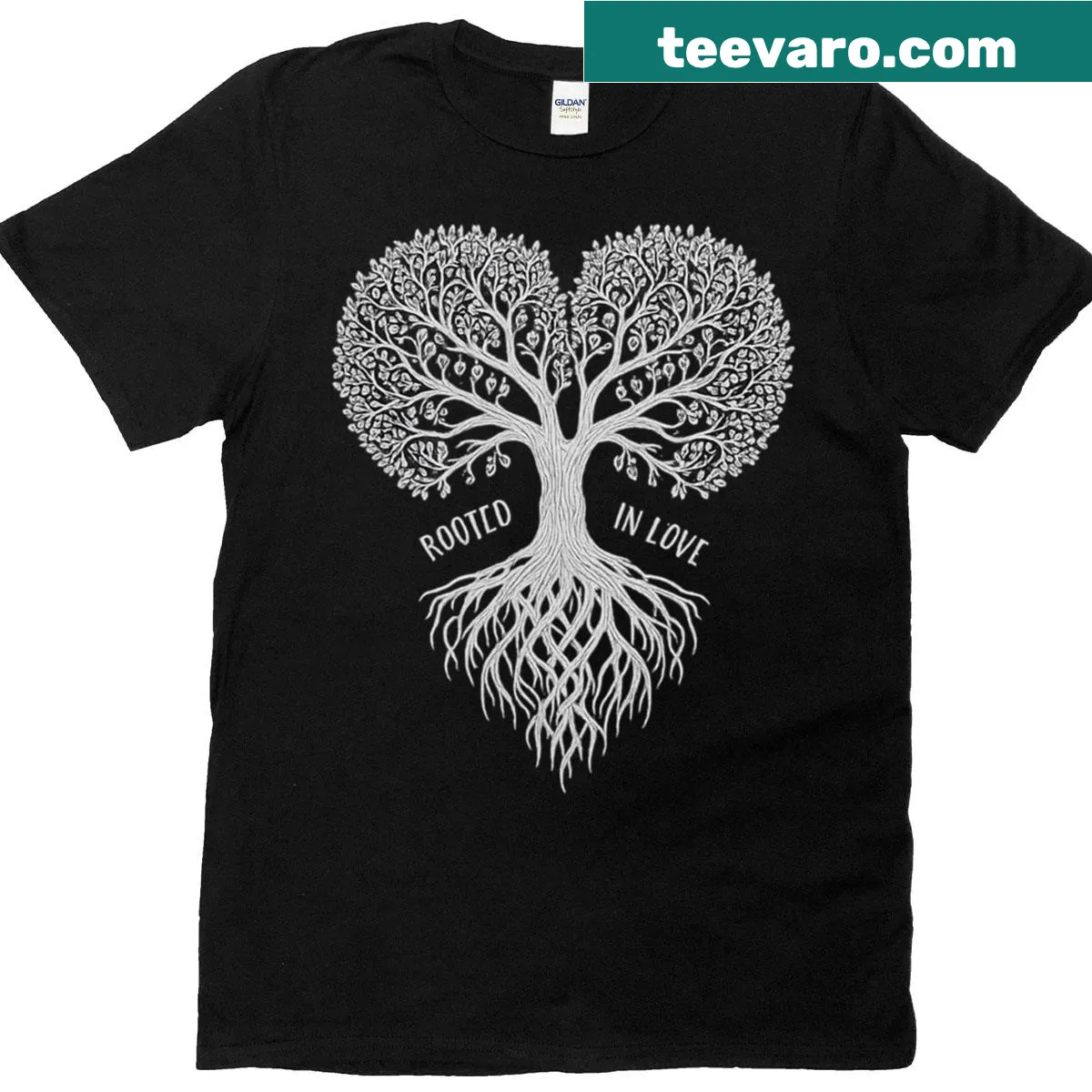 T-shirt featuring 'Rooted In Love' heart design — on a men's t-shirt