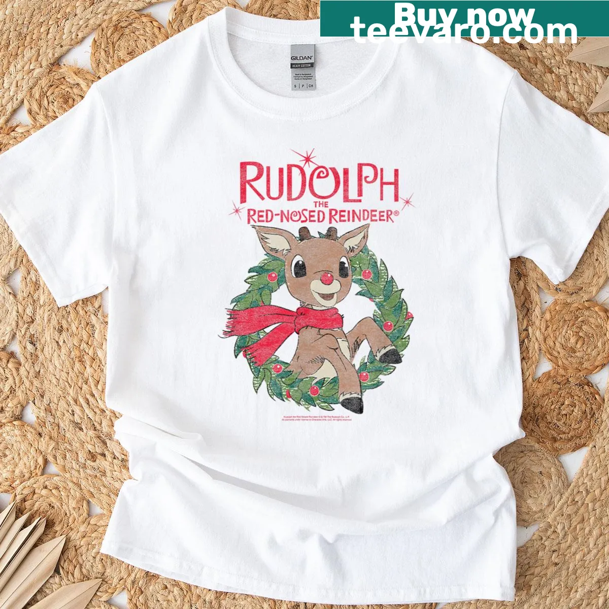 Vintage Christmas T-shirt featuring Rudolph in a festive wreath illustration — on a men's t-shirt