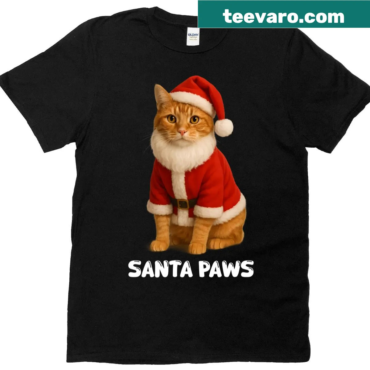 Funny Christmas T-shirt featuring an orange tabby cat as Santa — on a men's t-shirt
