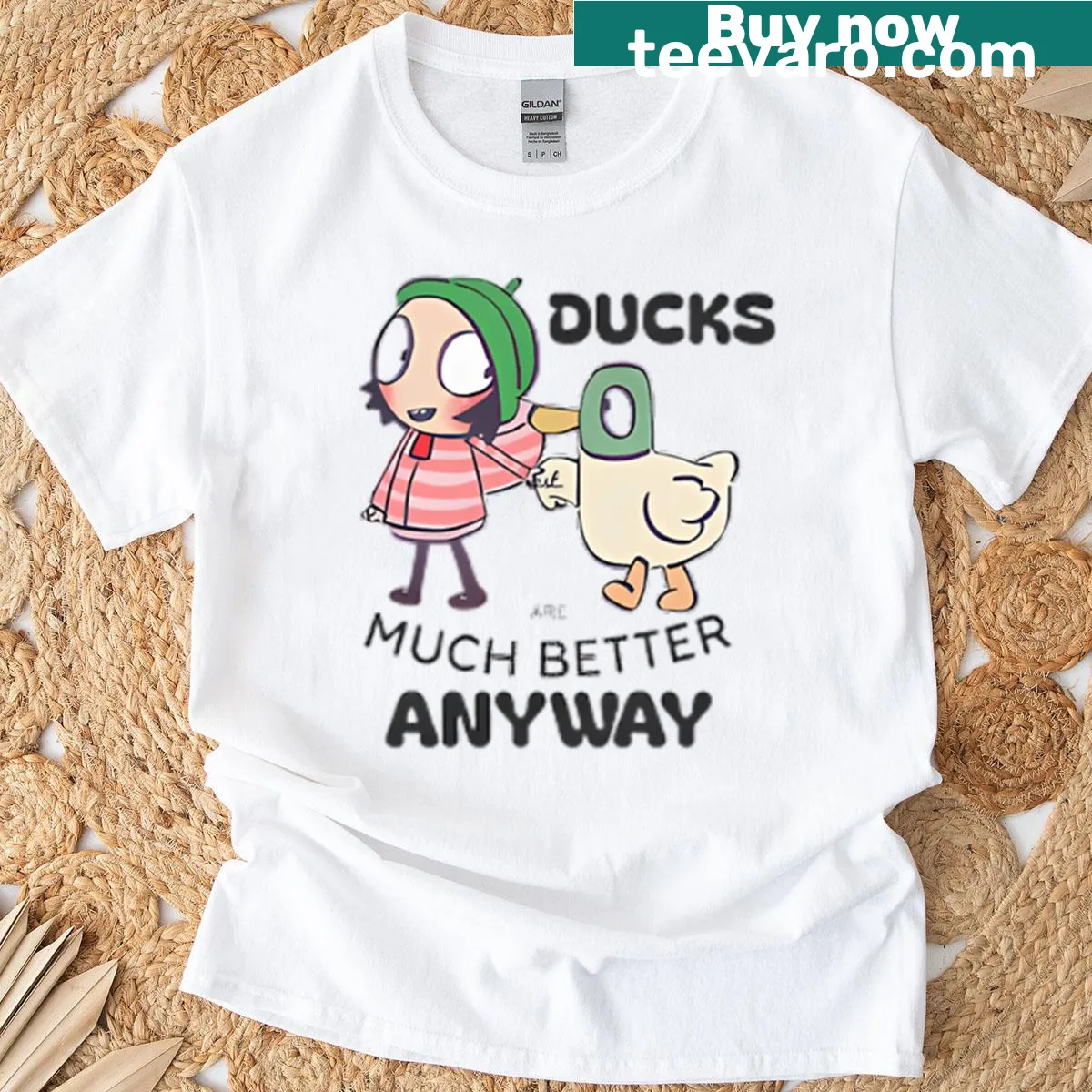 Cartoon T-shirt featuring Sarah and Duck in playful design — on a men's t-shirt