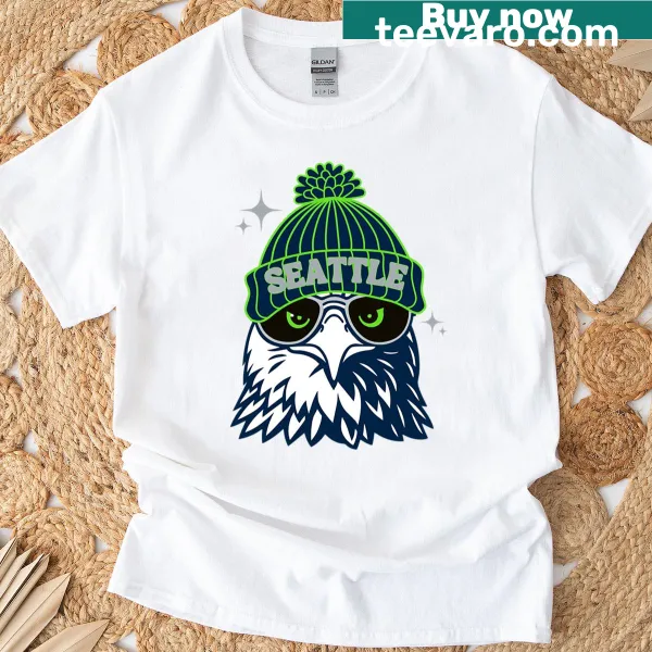 Illustration of a Seahawk wearing a beanie on a T-shirt.