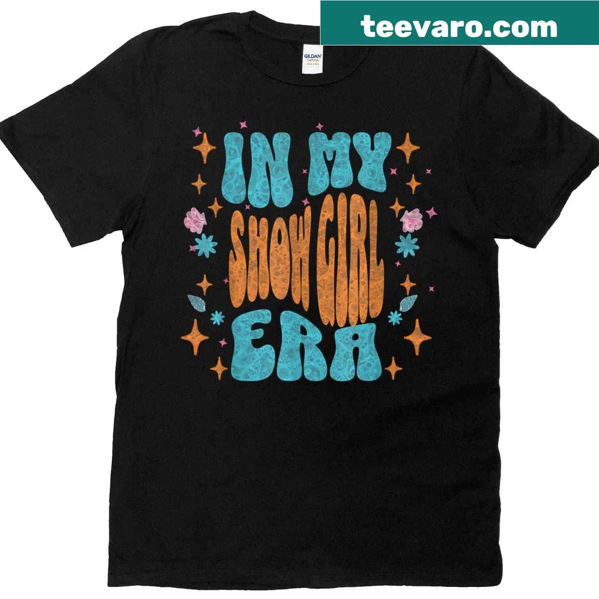 Groovy T-shirt celebrating showgirl life with playful graphics — on a men's t-shirt