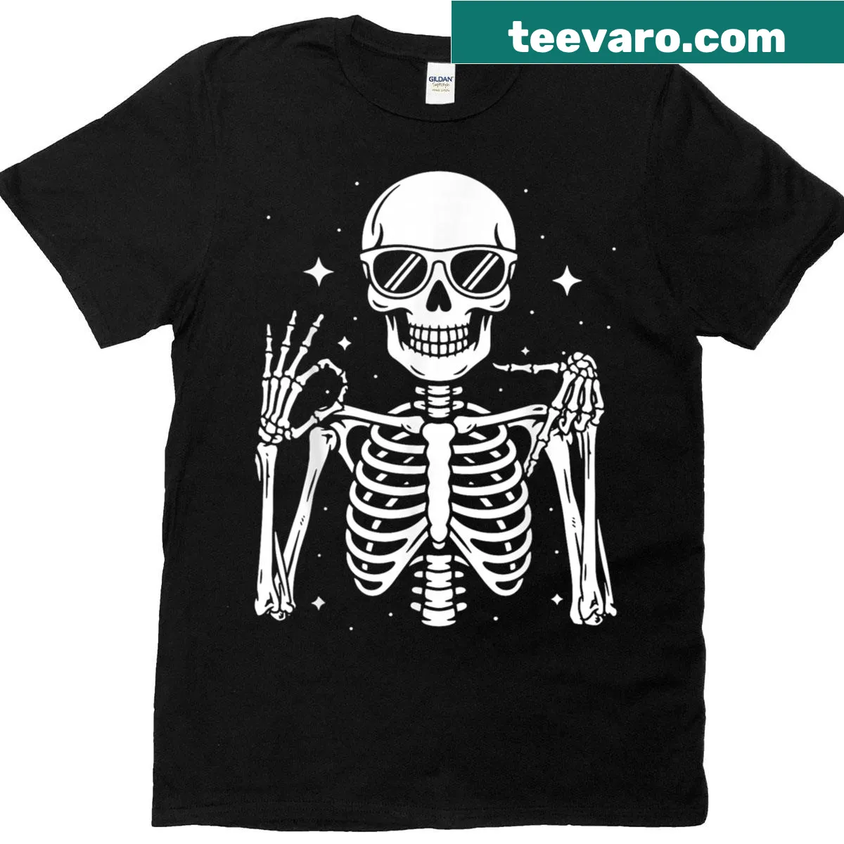 Skeleton hands 'OK' gesture Halloween t-shirt — on a men's t-shirt