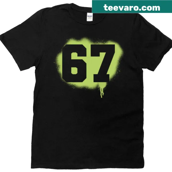 Minimalist design featuring the numbers 6 and 7 in paint strokes