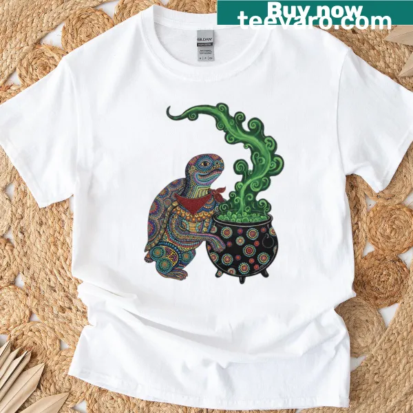 Psychedelic dot art T-shirt featuring a playful turtle witch design