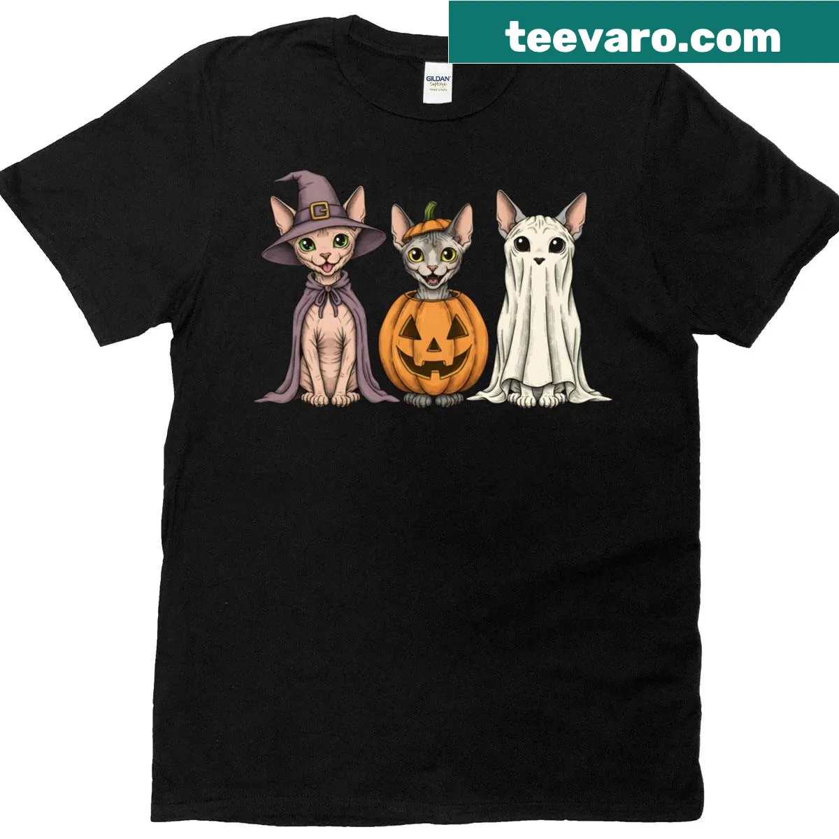 Halloween t-shirt with a spooky Sphynx cat and pumpkins — on a men's t-shirt