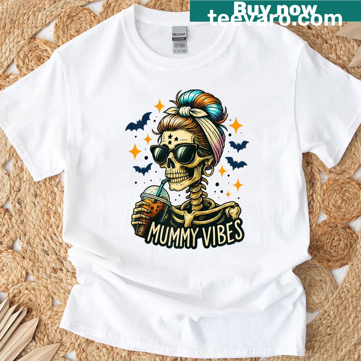 Cute cartoon skeleton mummy enjoying coffee on a Halloween T-shirt — on a men's t-shirt