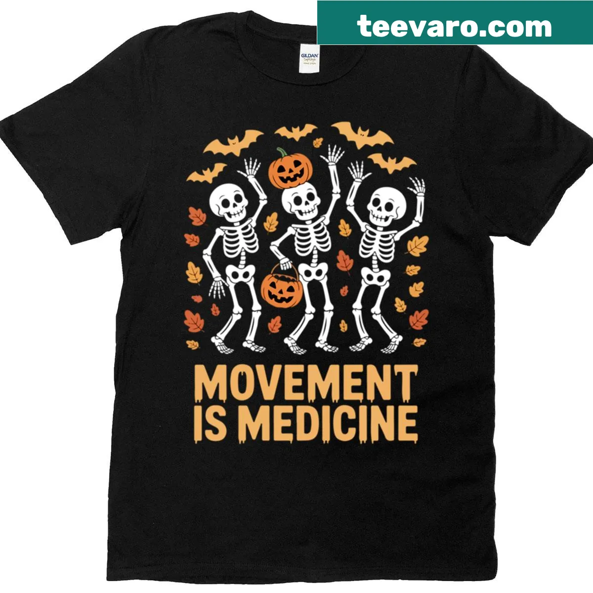 Illustration of dancing skeletons with a wellness quote on a t-shirt — on a men's t-shirt
