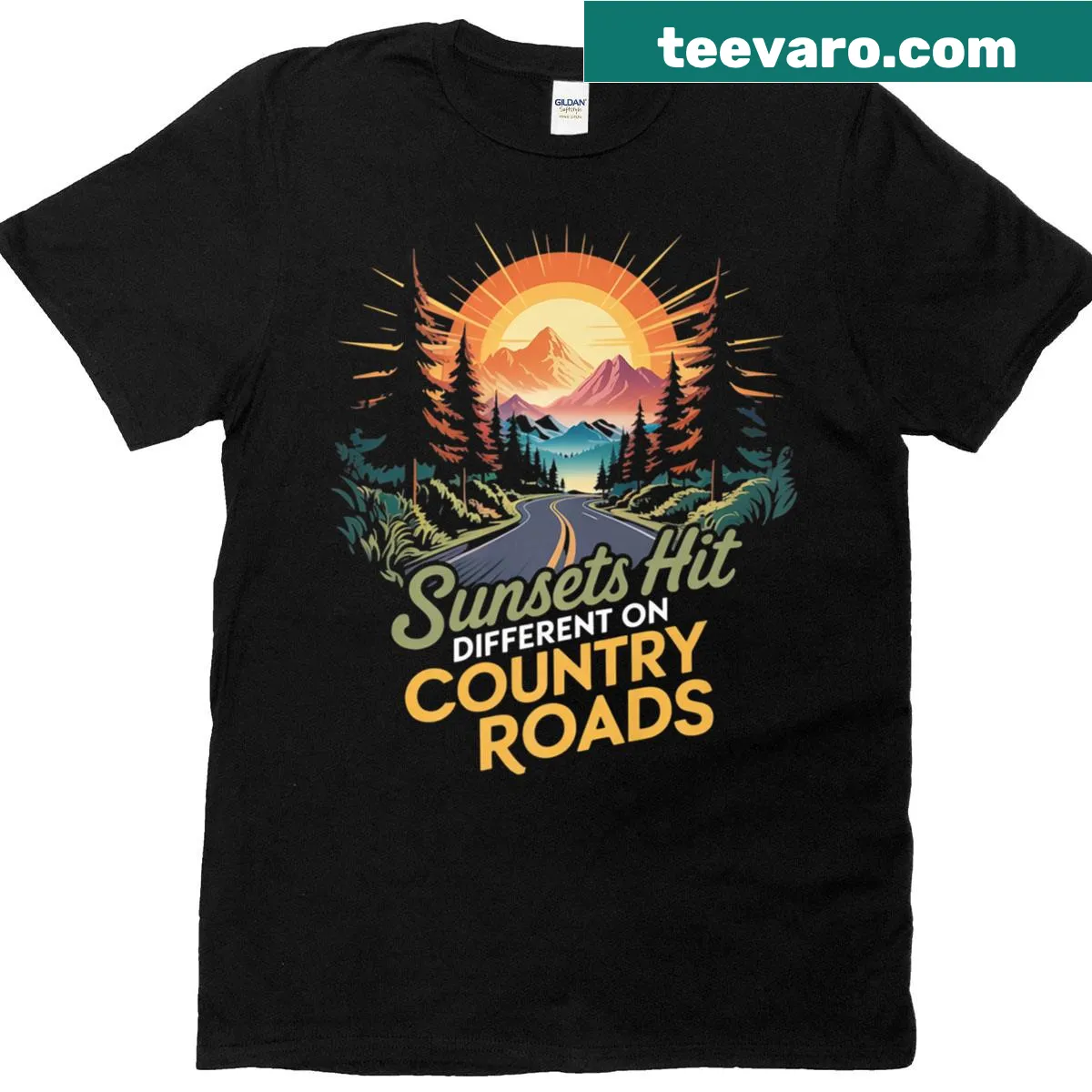Vintage distressed T-shirt featuring a country road mountain sunset design — on a men's t-shirt