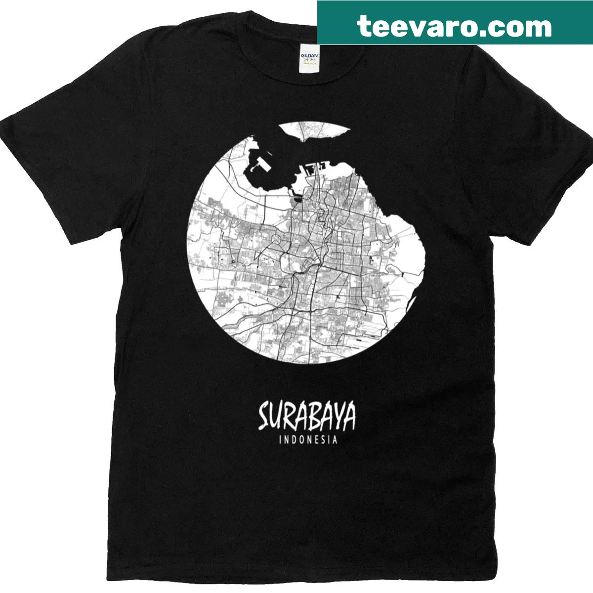 City map illustration of Surabaya, Indonesia with a full moon theme — on a men's t-shirt