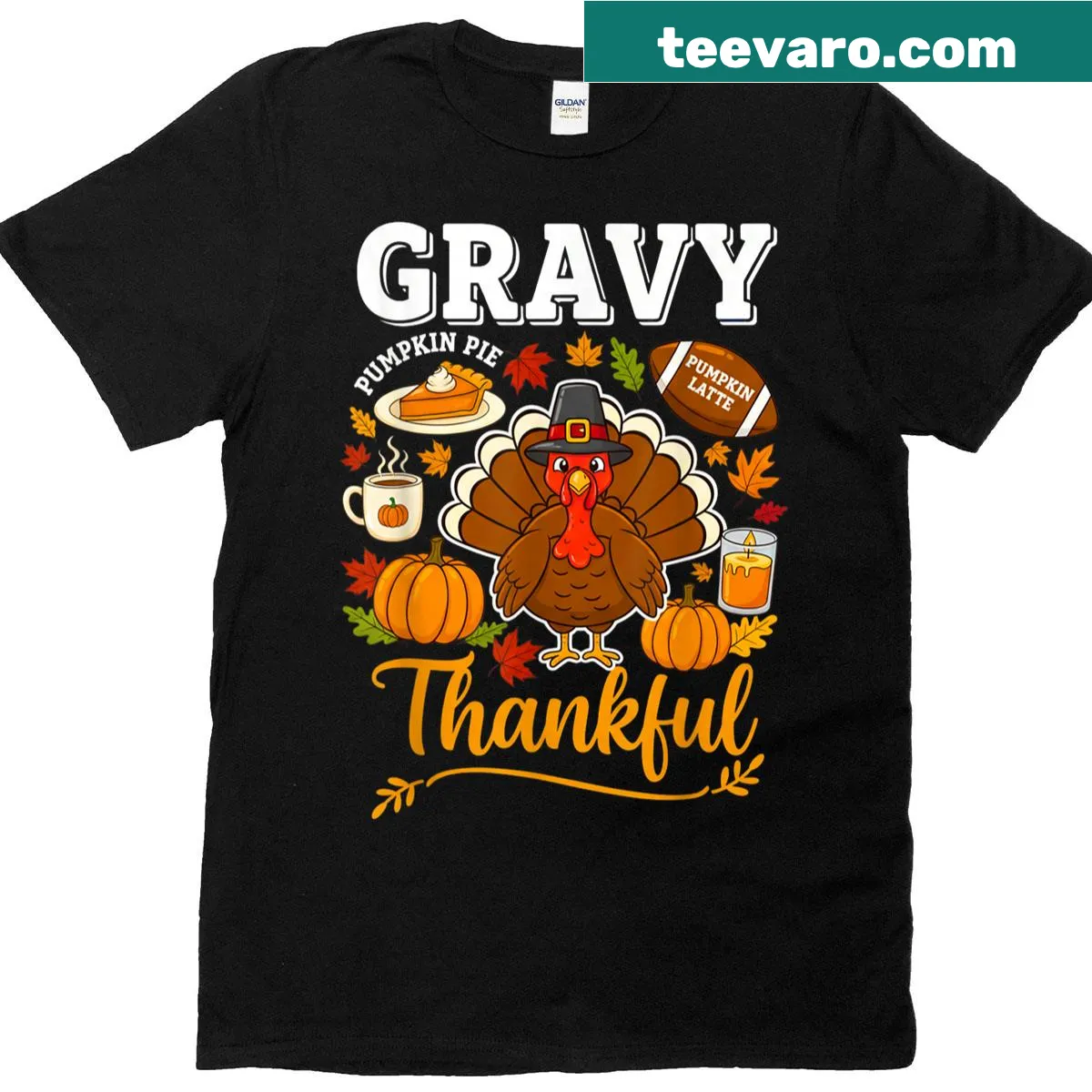 Humorous Thanksgiving turkey t-shirt with playful graphics and gratitude message — on a men's t-shirt