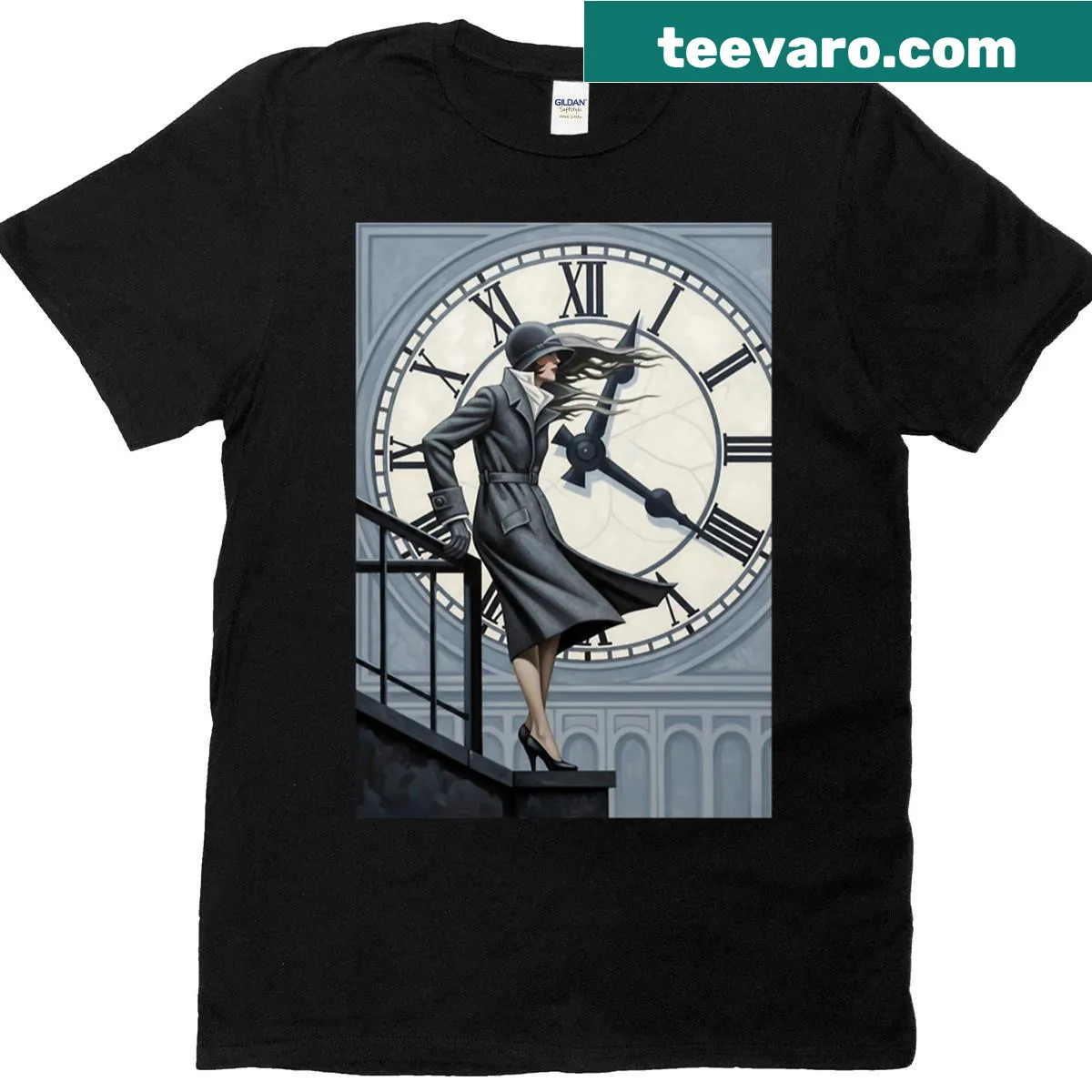 Art Deco design T-shirt featuring a clocktower graphic. — on a men's t-shirt