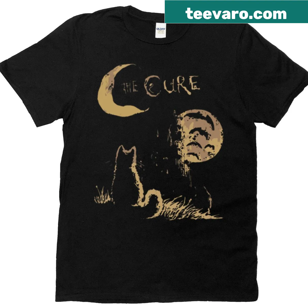 Illustrated graphic T-shirt featuring cat and moon themes — on a men's t-shirt