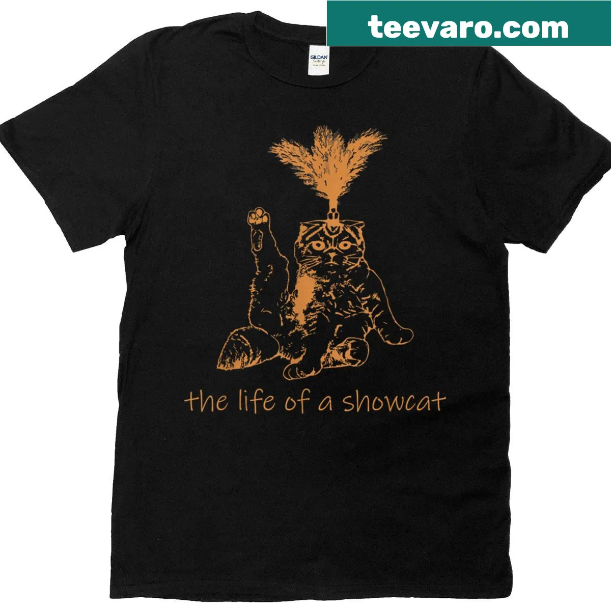 Retro humor graphic t-shirt featuring a showcat costume design — on a men's t-shirt
