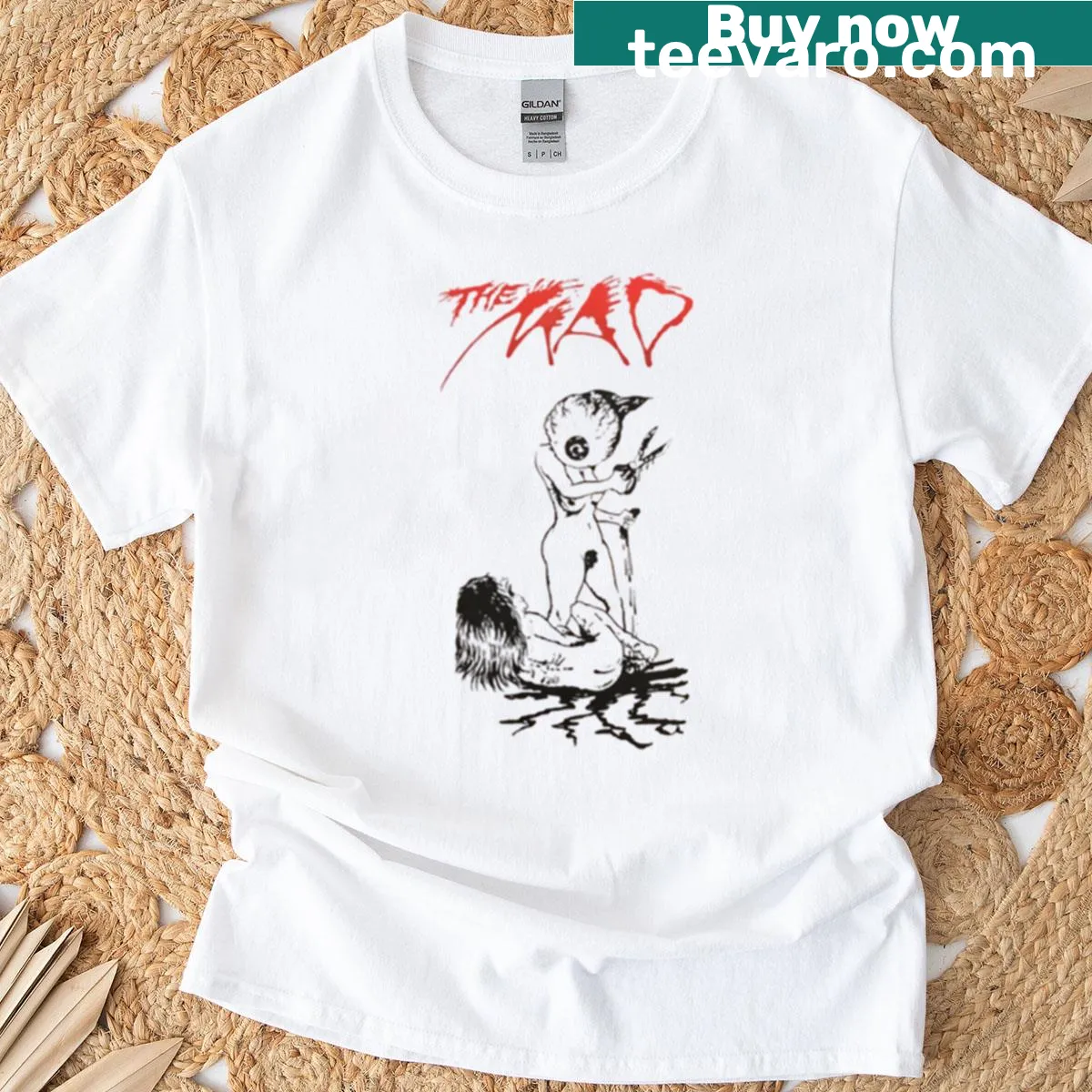 Illustrative graphic of a screaming band on a T-shirt — on a men's t-shirt