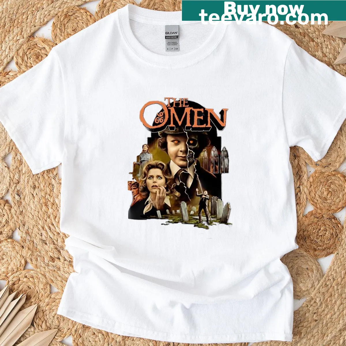T-shirt featuring a design inspired by The Omen horror film — on a men's t-shirt