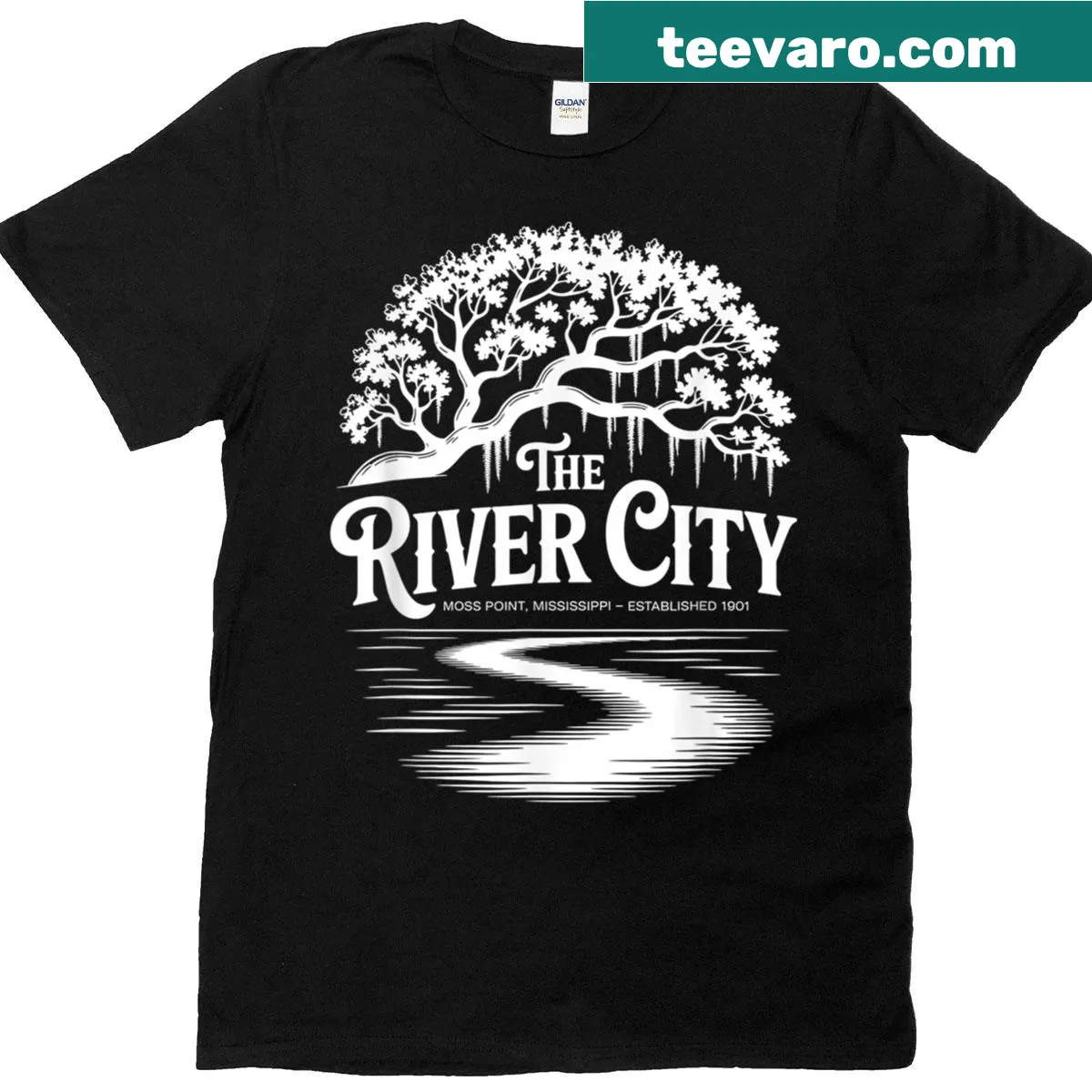 T-shirt featuring an illustration of the Live Oak in Moss Point — on a men's t-shirt