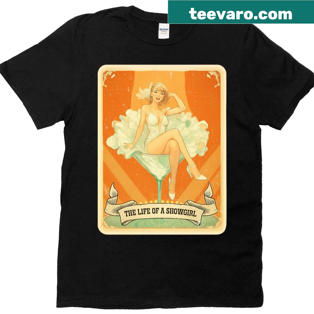 Illustrative graphic t-shirt showcasing the music fan party showgirl life — on a men's t-shirt