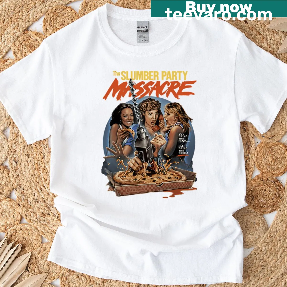 Illustrative graphic from The Slumber Party Massacre on T-shirt — on a men's t-shirt