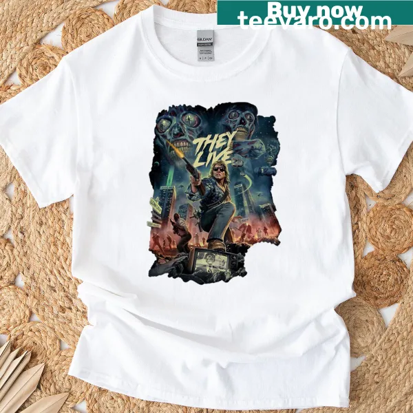 Vintage-inspired graphic from They Live film on T-shirt