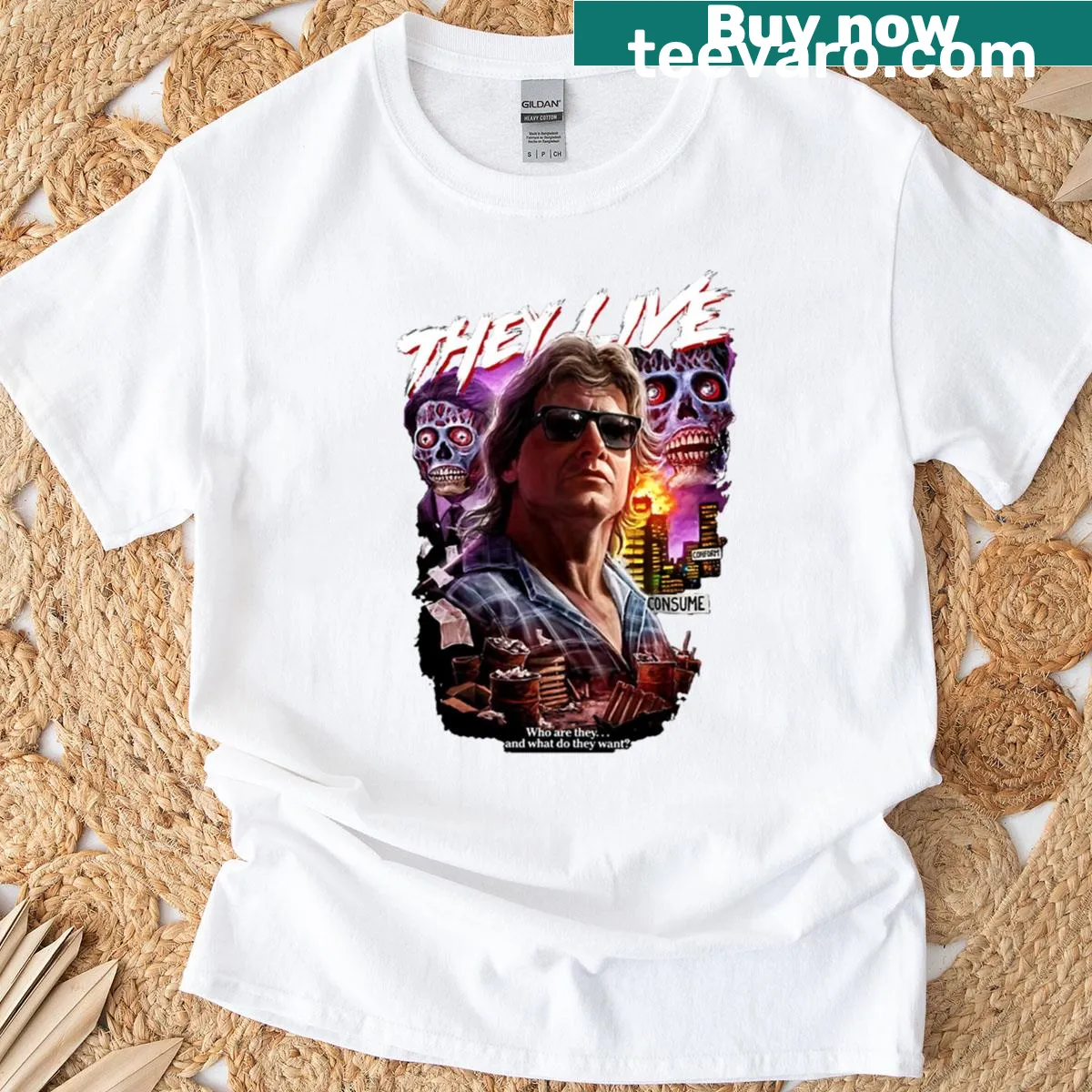 Typography t-shirt featuring a quote from cult classic film 'They Live' — on a men's t-shirt
