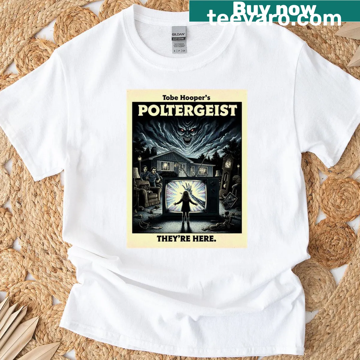 T-shirt featuring a reimagined Poltergeist movie poster — on a men's t-shirt