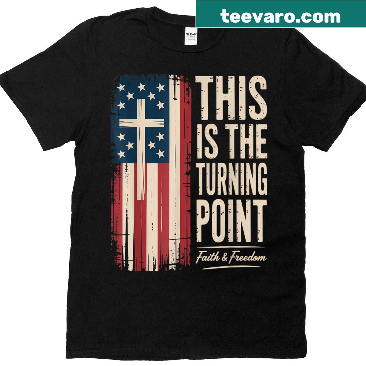 Patriotic T-shirt with inspiring text about faith and the USA — on a men's t-shirt
