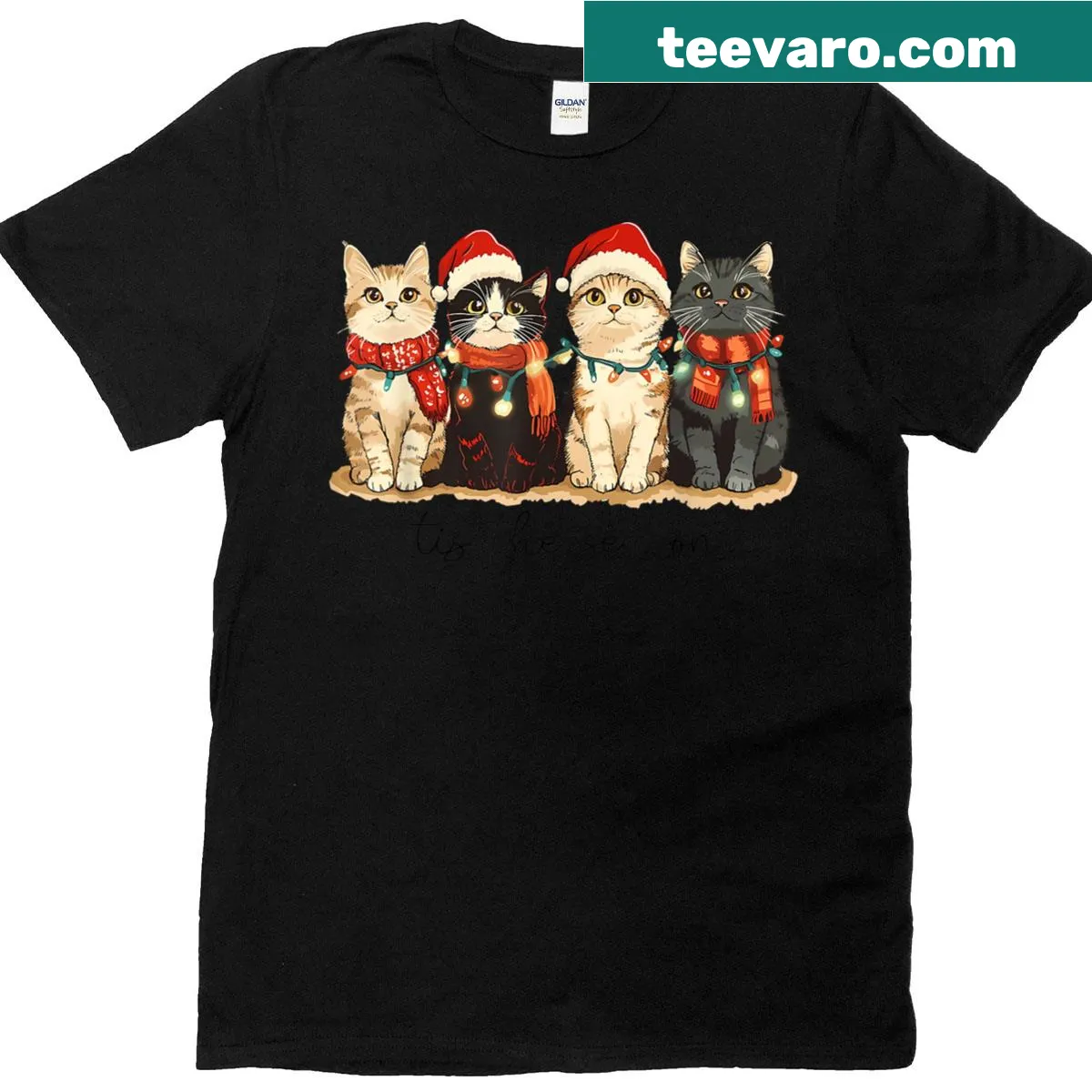 Cute Christmas-themed t-shirt featuring a cat illustration — on a men's t-shirt