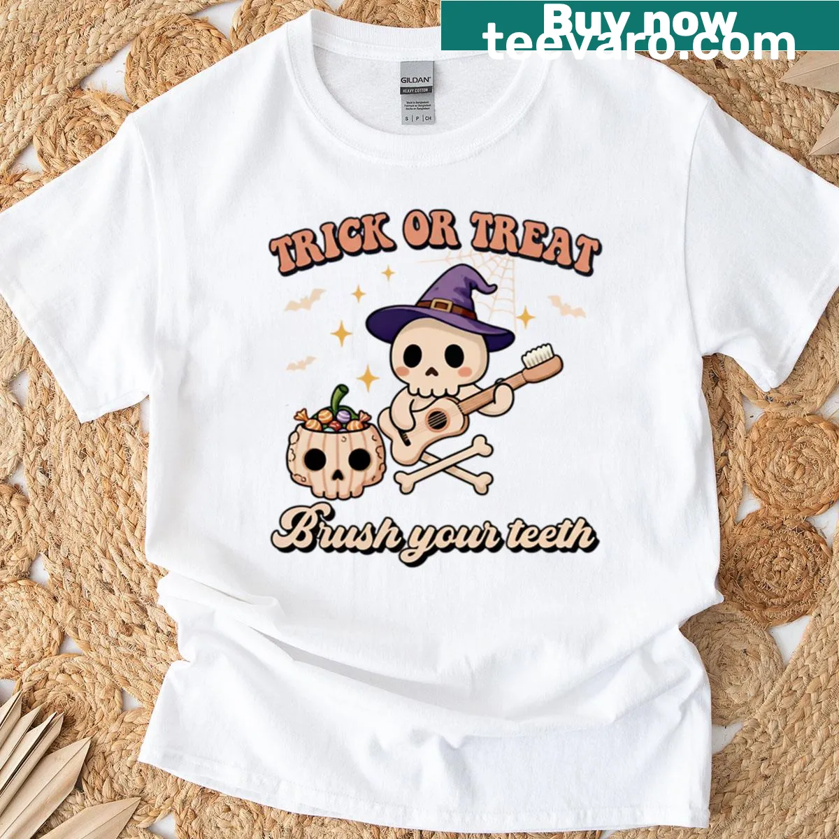 Cute Halloween shirt with 'Brush Your Teeth' text and spooky imagery — on a men's t-shirt
