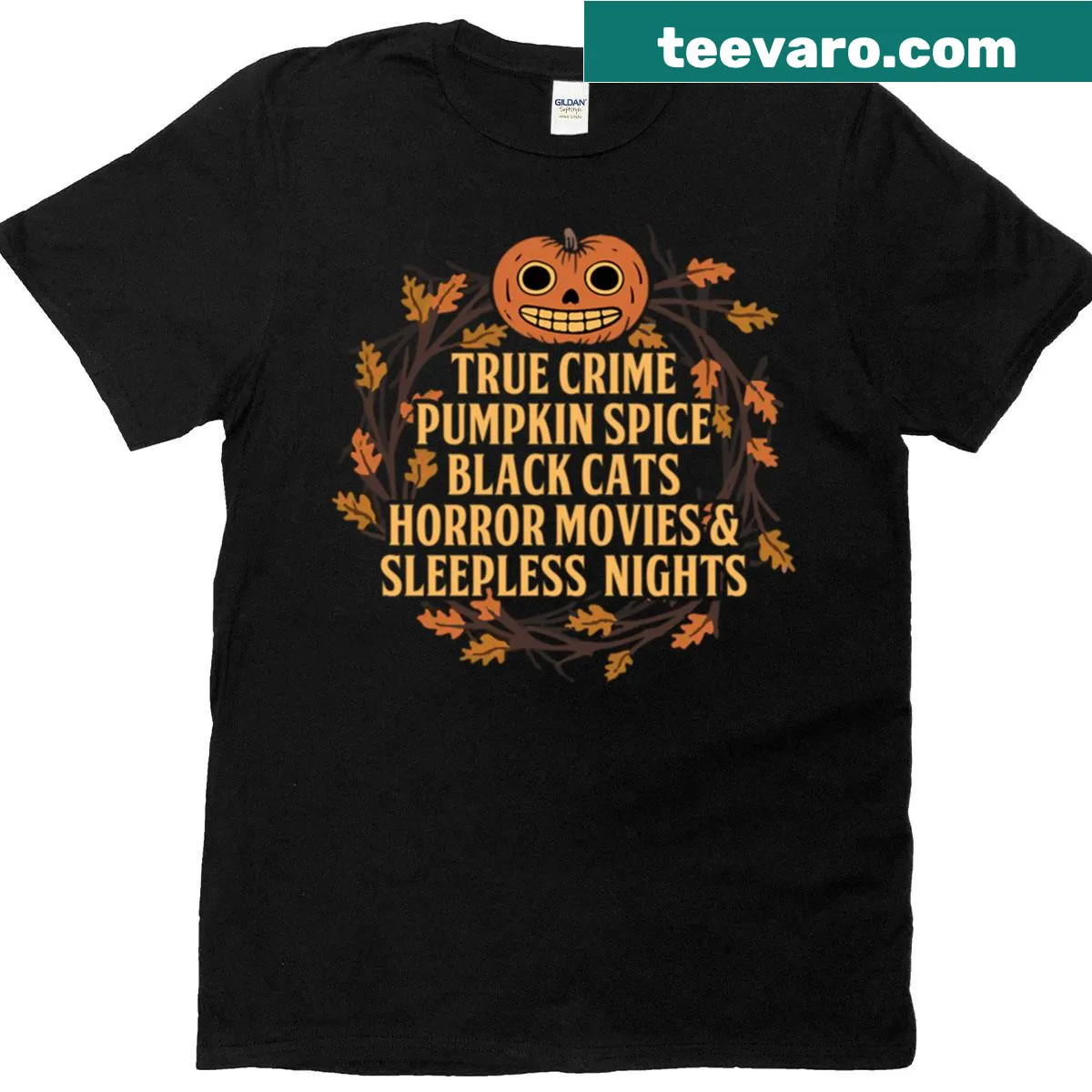 Whimsical t-shirt featuring true crime, pumpkin spice, black cats, and horror movies — on a men's t-shirt