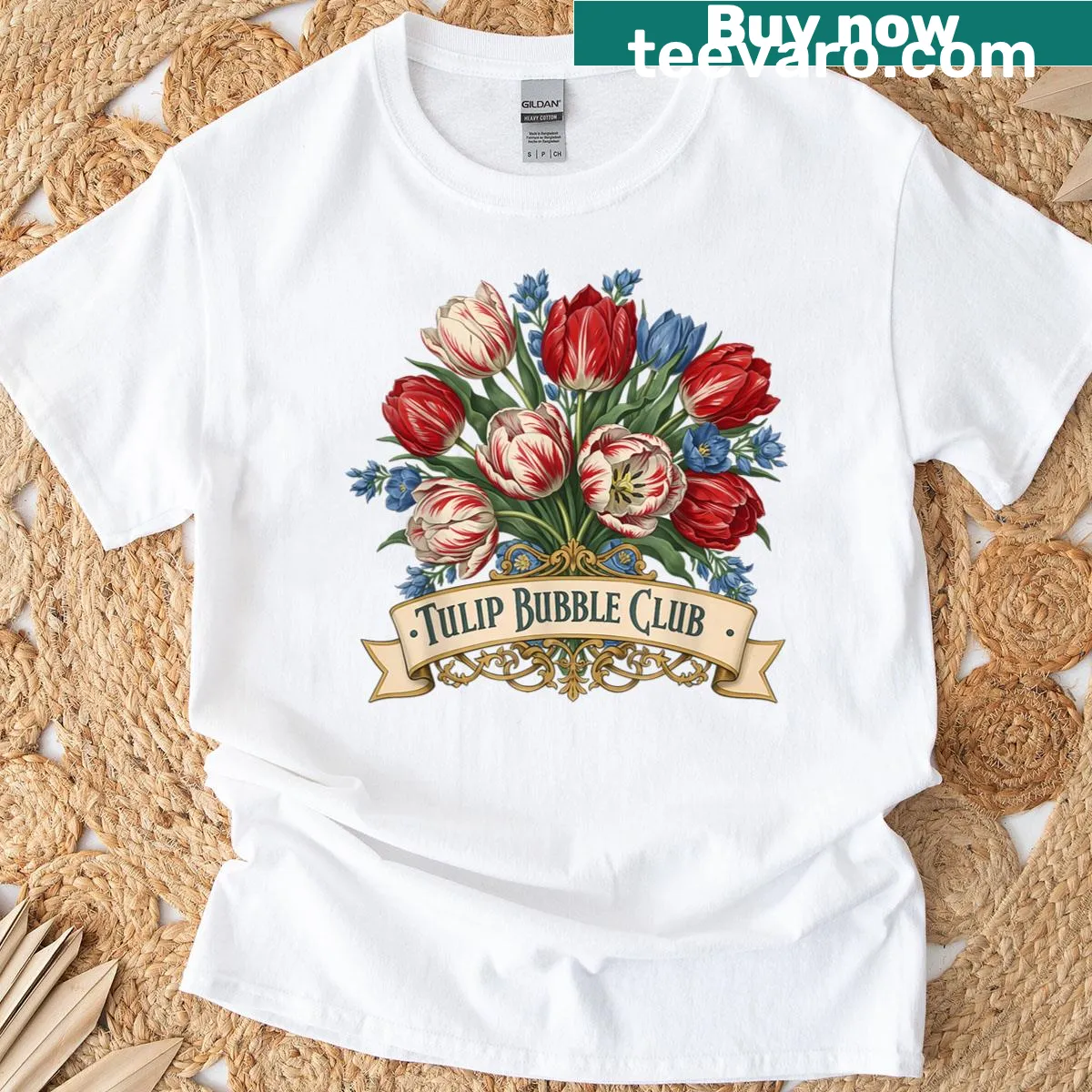 Vintage floral bouquet design inspired by Tulip Mania 1637 — on a men's t-shirt