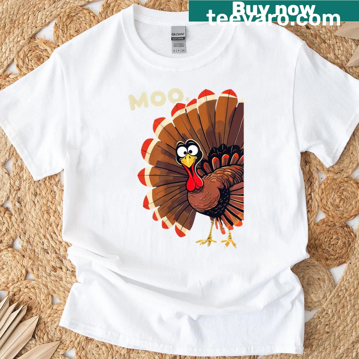 Funny turkey saying Moo cartoon graphic t-shirt — on a men's t-shirt
